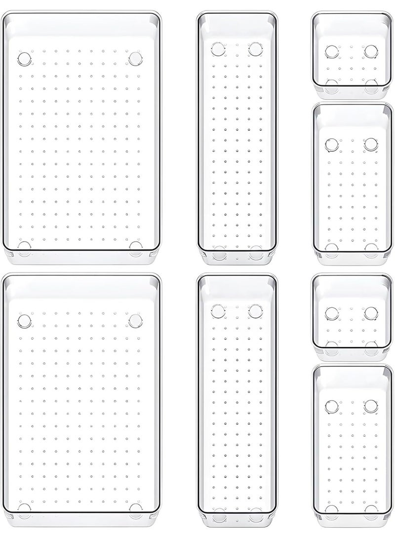 صناديق تنظيم ادراج المكتب 8 قطع، منظمات ادراج شفافة ، منظمات ادوات الزينة والتخزين، منظم ادراج بلاستيكي غير قابل للانزلاق للمكياج والحمام والمطبخ والمكتب - Image 1